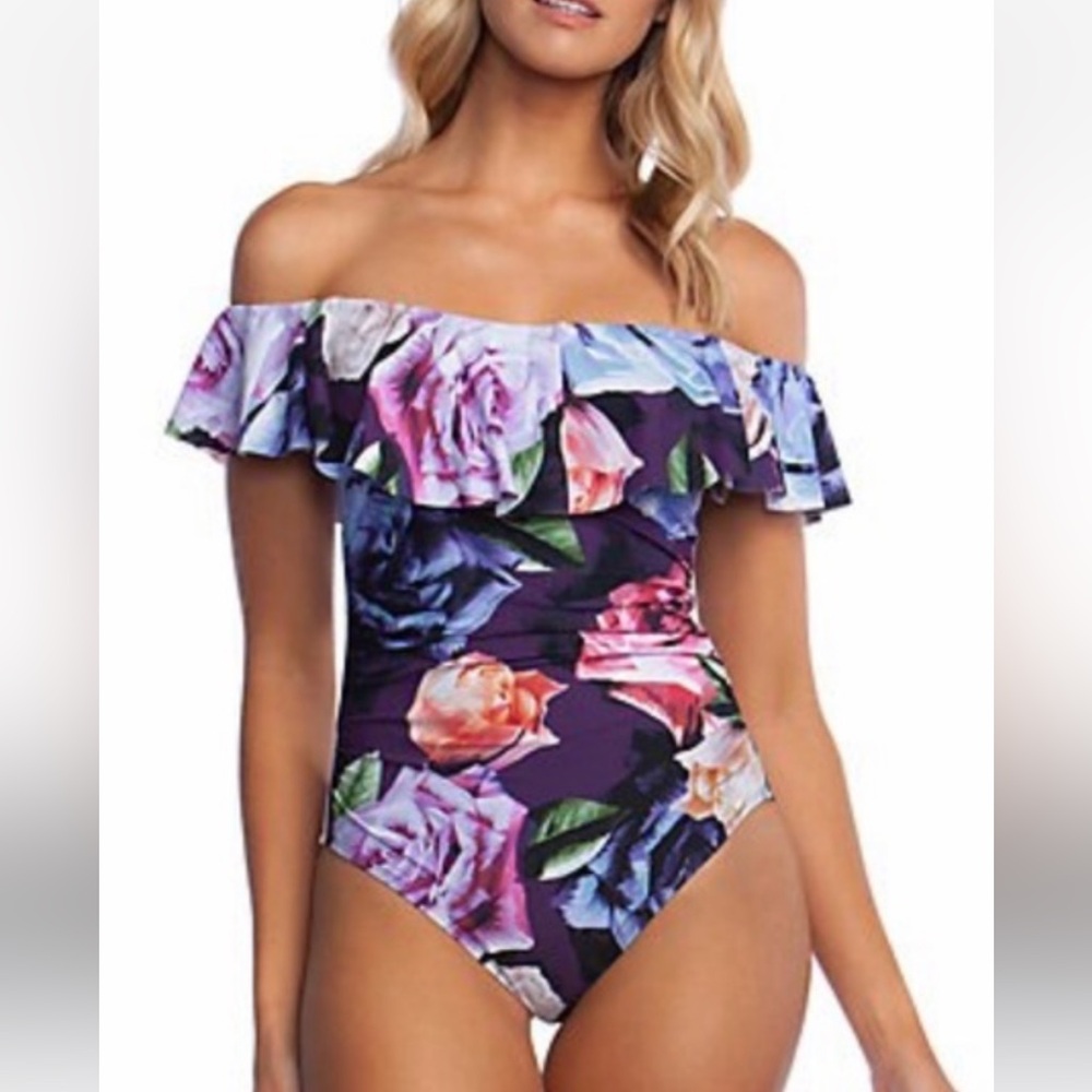 La Blanca Ruffle Off-The-Shoulder One-Piece Swimsuit. Like new.